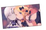  2girls abigail_williams_(fate/grand_order) bangs black_bow blonde_hair blue_eyes blush bow breasts daisi_gi fate/grand_order fate_(series) forehead hair_bow highres horns lavinia_whateley_(fate/grand_order) long_hair looking_at_viewer multiple_bows multiple_girls one_eye_closed orange_bow pale_skin parted_bangs photo_(object) purple_eyes self_shot sidelocks single_horn small_breasts smile white_hair 