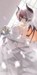  1girl absurdres aiu_eo backlighting bare_shoulders blush bouquet breasts bridal_veil cleavage dragon_horns dragon_wings dress dutch_angle earrings elbow_gloves flower from_side gloves grea_(shingeki_no_bahamut) hair_between_eyes head_wreath highres horns jewelry large_breasts looking_at_viewer manaria_friends pointy_ears purple_hair short_hair sideboob smile solo strapless veil wedding_dress wings 
