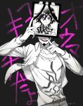 1boy arm_up bangs black_background checkered checkered_scarf collared_shirt commentary_request danganronpa facial_hair facing_viewer goatee grin hand_up holding iei male_focus momota_kaito nagi_to_(kennkenn) new_danganronpa_v3 open_clothes open_mouth open_shirt ouma_kokichi pants print_shirt scarf shirt smile solo spoilers spot_color 