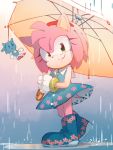  1girl amy_rose blue_dress blue_footwear boots character_doll closed_mouth dress floral_print full_body gloves green_eyes hairband holding holding_umbrella jewelry looking_at_viewer msg01 rain ring smile solo sonic sonic_the_hedgehog standing umbrella white_gloves 