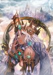  1girl 6+others aqua_eyes armor castle cloud cloudy_sky crown dark_skin earrings fingernails gem glowing grey_hair hair_between_eyes helm helmet highres holding holding_sword holding_weapon jewelry long_hair looking_at_viewer multiple_others original parted_lips pink_nails shukei single_earring sky sword upper_body weapon 