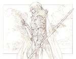  1boy armor cape cloud cloudy_sky dual_wielding greaves greyscale hatching_(texture) holding holding_polearm holding_sword holding_weapon male_focus monochrome original parted_lips pauldrons polearm scabbard sheath shoulder_armor shukei sky sword unsheathed vambraces weapon 