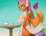  ambiguous_gender anthro bluedrg19 breasts clothed clothing cup dragon duo eyebrows eyelashes female friendship_is_magic hasbro my_little_pony non-mammal_breasts smolder_(mlp) spike_(mlp) tea_cup teapot wings 