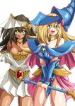  2girls bangs bare_shoulders belt blonde_hair blush blush_stickers breasts brown_hair capelet cleavage closed_eyes collar collarbone commentary_request covered_nipples dark_magician_girl dark_skin dress duel_monster facial_mark green_eyes hat holding kohta_(my_page) large_breasts long_hair looking_at_viewer mana_(yu-gi-oh!) multiple_girls open_mouth pelvic_curtain pentagram shiny shiny_skin short_dress simple_background smile strapless strapless_dress wand white_background white_dress wizard_hat yu-gi-oh! 