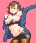  1girl ;d arm_up armpits bandeau bare_shoulders black_skirt blue_jacket bow bowtie breasts brown_eyes brown_hair brown_legwear cleavage cowboy_shot detached_collar hand_up highleg highres jacket large_breasts latex long_sleeves looking_at_viewer midriff miniskirt navel off_shoulder one_eye_closed open_clothes open_jacket open_mouth original outstretched_arm pantyhose pink_background revealing_clothes short_hair simple_background skindentation skirt skulllee smile solo stomach strapless tubetop 