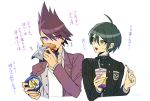  2boys :d ahoge bangs brown_eyes collarbone commentary_request cup danganronpa disposable_cup eating food french_fries green_hair grey_shirt hair_between_eyes hamburger hand_up hands_up holding holding_cup jacket male_focus momota_kaito multiple_boys nagi_to_(kennkenn) new_danganronpa_v3 open_mouth pink_eyes pink_hair purple_eyes purple_jacket saihara_shuuichi shirt smile spiked_hair striped_jacket translation_request white_shirt 