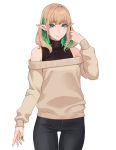  1girl bangs blonde_hair earrings eyebrows_visible_through_hair green_eyes green_hair highres hikichi_sakuya jewelry looking_at_viewer medium_hair mole mole_under_eye multicolored_hair nail_polish off-shoulder_sweater off_shoulder original pointy_ears smile solo sweater thigh_gap two-tone_hair white_background 