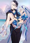  1boy 1girl aonogura bikini black-framed_eyewear black_hair black_pants black_shirt blue_eyes blue_flower blue_neckwear blue_rose blue_scarf brynhildr_(fate) brynhildr_(swimsuit_berserker)_(fate) carrying choker closed_mouth cloud couple cowboy_shot fate/grand_order fate_(series) feathers flower glasses hetero highres long_hair looking_at_viewer memories_with_my_lover multicolored_hair pants princess_carry purple_eyes rose sandals scarf shirt side_ponytail sigurd_(fate/grand_order) sky smile standing swimsuit two-tone_hair water white_bikini white_footwear white_hair 