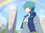  1boy blue_sky broken cloud eyebrows_visible_through_hair green_eyes green_hair hico highres johan_andersen leaf looking_at_viewer male_focus mountain outdoors pillar rainbow sky smile solo tree upper_body wind yu-gi-oh! yu-gi-oh!_gx 