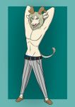  2020 anthro beastars belt bottomwear bovid caprine clothed clothing dall_sheep deskmaniac digital_media_(artwork) footwear fur hands_behind_head hi_res looking_at_viewer male mammal navel open_mouth pants pina_(beastars) pose sheep shoes simple_background solo standing topless topless_male underwear white_body white_fur white_wool wool_(fur) 