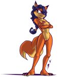  2018 annoyed anthro bassybefuddle black_nose blue_hair breasts canid canine carmelita_fox countershade_face countershade_torso countershading crossed_arms digital_media_(artwork) dipstick_ears female fox frown fur genitals hair head_markings leg_markings looking_aside mammal markings multicolored_ears navel nipples nude orange_body orange_fur paws pussy scowl simple_background sly_cooper_(series) solo sony_corporation sony_interactive_entertainment standing sucker_punch_productions video_games 