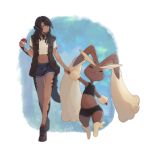  1girl animal_nose au_ra bangs black_hair black_horns brown_eyes brown_fur commission crop_top crossover dark_skin dragon_horns dragon_tail eyebrows_visible_through_hair final_fantasy final_fantasy_xiv gen_4_pokemon highres holding holding_hands holding_poke_ball horns jacket long_hair lopunny midriff navel open_clothes open_jacket poke_ball poke_ball_(basic) pokemon pokemon_(creature) pokemon_(game) pokemon_dppt scales senacolada shorts smile solo tail 