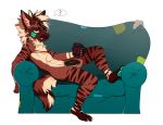  annoyed anthro ari_(arihyena) beverage coffee coffee_mug cup eihman furniture genitals hi_res humanoid_genitalia humanoid_penis hyaenid lazy lying male mammal nude on_back penis sofa solo striped_hyena tired 