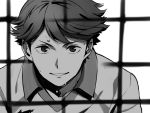  1boy bangs character_request collared_shirt commentary_request grey_background greyscale haikyuu!! looking_at_viewer male_focus monochrome parted_lips sayshownen shirt short_hair smile solo sportswear sweat twitter_username upper_body volleyball_net volleyball_uniform watermark 
