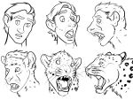  4:3 black_and_white fangs felid feral fur fur_growth growth headshot_portrait human human_to_feral humanoid jakkal leopard male mammal monochrome pantherine portrait rosettes sequence shocked simple_background snout snout_growth solo species_transformation surprise teeth tongue transformation tuft whiskers white_background 