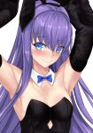 1girl animal_ears armpits arms_behind_head arms_up bangs bare_shoulders black_leotard blue_eyes blush bow bowtie breasts bunny_ears detached_collar detached_sleeves fake_animal_ears fate/extra fate/extra_ccc fate_(series) highres leotard long_hair looking_at_viewer meltryllis playboy_bunny purple_hair simple_background small_breasts smile strapless strapless_leotard untue very_long_hair white_background 
