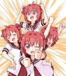  :d akaza_akari arms_up blush clenched_hand closed_eyes double_bun hand_up hands_on_own_head hands_up nanamori_school_uniform one_eye_closed open_mouth pontasu purple_eyes red_hair school_uniform short_hair simple_background smile solo sweatdrop thumbs_up yuru_yuri 