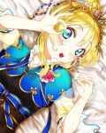  1girl ayase_eli bangs bed_sheet black_dress blonde_hair blue_capelet blue_eyes capelet diadem dress flower hair_between_eyes holding looking_at_viewer love_live! love_live!_school_idol_project lying niro_(sikabanekurui) on_back open_mouth pink_flower pink_rose rose shiny shiny_hair short_hair sidelocks solo upper_body yellow_sleeves 