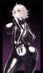  1girl ahoge ass bangs bodysuit breasts cowboy_shot fate/grand_order fate_(series) highres jeanne_d&#039;arc_(alter)_(fate) jeanne_d&#039;arc_(fate) jeanne_d&#039;arc_(fate)_(all) large_breasts latex_bodysuit looking_at_viewer looking_back short_hair silver_hair skin_tight smile tsurime volyz yellow_eyes 