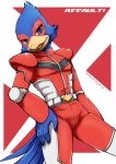  5_fingers anthro avian beak bird blue_eyes bodysuit caramelix clothed clothing falco_lombardi feathers fingers looking_at_viewer male nintendo skinsuit smile solo star_fox tight_clothing video_games 