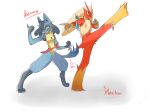  anthro black_body black_fur blaziken blue_body blue_eyes blue_fur claws demira_lilian duo fur hair lucario male mutlicolored_fur nintendo pok&eacute;mon pok&eacute;mon_(species) pok&eacute;mon_mystery_dungeon red_body red_fur simple_background spikes video_games white_hair yellow_body yellow_fur 