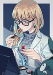  1girl applying_makeup bangs black-framed_eyewear blonde_hair blush commentary_request fingernails gen_5_pokemon glasses green_eyes grey_sweater hands_up holding janis_(hainegom) labcoat lipstick_tube long_hair long_sleeves makeup oleana_(pokemon) pokemon pokemon_(creature) pokemon_(game) pokemon_swsh sweat sweater translation_request trubbish younger 