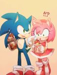  !? 1boy 1girl amy_rose animal_ears boots dress drinking_straw embarrassed furry gloves green_eyes hairband hedgehog_ears highres holding milkshake msg01 open_mouth red_dress red_footwear red_hairband shoes smile sneakers sonic sonic_the_hedgehog standing white_gloves wide-eyed 
