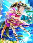  1girl barefoot black_hair black_ribbon blue_wings blush butterfly_hair_ornament butterfly_wings collarbone crown dress feet_out_of_frame floating_hair flower grin hair_ornament highres layered_dress long_hair looking_at_viewer love_live! love_live!_school_idol_project mini_crown niro_(sikabanekurui) off-shoulder_dress off_shoulder one_eye_closed outstretched_arms outstretched_hand pink_eyes ribbon shiny shiny_hair short_dress smile solo wings yazawa_nico yellow_flower 