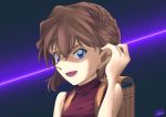  1girl :d adjusting_hair backpack bag bangs blue_eyes brown_hair haibara_ai hair_between_eyes highres meitantei_conan open_mouth portrait red_shirt shirt short_hair sleeveless sleeveless_shirt smile sooma4869 upper_body 