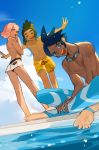  3boys :d areolae blue_eyes blue_hair closed_eyes cloud collarbone commentary_request day goggles goggles_around_neck green_hair grey_eyes hau_(pokemon) head_down highres ilima_(pokemon) kneepits knees looking_back male_focus male_swimwear marlon_(pokemon) multiple_boys open_mouth outdoors outstretched_arms picube525528 pink_hair pokemon pokemon_(game) pokemon_bw2 pokemon_sm shirtless short_hair shoulder_blades sky smile soles swim_trunks swimwear tan teeth toes water 