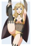  1girl ahoge armpits arms_up bare_thighs blonde_hair blue_eyes breasts cameltoe circlet eruwin_(yukino) fire_emblem fire_emblem_fates fire_emblem_heroes highres leg_up long_hair looking_at_viewer medium_breasts open_mouth ophelia_(fire_emblem) sentihistory sideboob smile split standing standing_on_one_leg standing_split thighs 