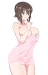  1girl bangs breasts brown_eyes brown_hair cleavage commentary cowboy_shot eyebrows_visible_through_hair finger_to_mouth girls_und_panzer grin highres holding holding_towel junjonmoja large_breasts looking_at_viewer naked_towel nishizumi_maho pink_towel short_hair shushing simple_background skindentation smile solo standing towel white_background 