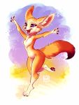  2020 4_fingers 4_toes anthro breasts canid canine digital_media_(artwork) female fennec fingers fox fur hi_res karol_pawlinski mammal nude open_mouth orange_body orange_fur purple_eyes smile solo stanidng teeth toes tongue whiskers 
