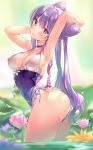  1girl absurdres alternate_costume armpits arms_up ass bare_arms blush breasts choker cleavage daefny double_bun eyebrows_visible_through_hair flower frilled_swimsuit frills genshin_impact highleg highres keqing looking_at_viewer medium_breasts partially_submerged pose purple_eyes purple_hair ribbon sideboob sleeveless swimsuit twintails water wet 