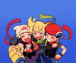  1girl 2boys arm_around_shoulder artist_name bag barry_(pokemon) beanie blonde_hair blue_background blue_pants blush chueog clenched_teeth closed_eyes commentary dawn_(pokemon) duffel_bag green_scarf hat highres lucas_(pokemon) multiple_boys open_mouth pants pokemon pokemon_(game) pokemon_dppt red_headwear red_scarf scarf smile teeth tongue watermark white_headwear yellow_bag 