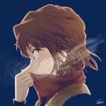 1girl blue_background blue_eyes brown_hair from_side haibara_ai highres long_sleeves meitantei_conan portrait profile red_scarf scarf scarf_over_mouth short_hair signature simple_background solo sooma4869 