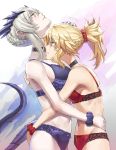  2girls artoria_pendragon_(all) artoria_pendragon_(lancer_alter) bangs bare_shoulders blonde_hair blush bra braid breasts choker fate/grand_order fate_(series) green_eyes grey_hair highres horns large_breasts long_hair mordred_(fate) mordred_(fate)_(all) multiple_girls panties parted_bangs ponytail sidelocks small_breasts tail tonee underwear yellow_eyes yuri 