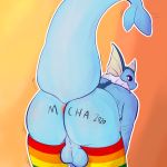  1:1 2020 anthro anus backsack balls biped black_sclera blue_body butt clothing digital_media_(artwork) eeveelution genitals girly gradient_background hi_res humanoid_genitalia humanoid_penis legwear looking_at_viewer male mammal mocha_(artist) motion_lines multicolored_clothing nintendo nude penis perineum pok&eacute;mon pok&eacute;mon_(species) rainbow_clothing rainbow_thigh_highs rear_view saggy_balls shaded signature simple_background simple_shading smile smirk solo thigh_highs vaporeon video_games yellow_background 
