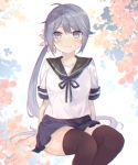  1girl akebono_(kantai_collection) bell black_legwear blue_sailor_collar blue_skirt commentary_request floral_background flower hair_bell hair_flower hair_ornament invisible_chair jingle_bell kantai_collection long_hair looking_at_viewer pleated_skirt purple_eyes purple_hair remodel_(kantai_collection) saiki_yuzuri sailor_collar school_uniform serafuku short_sleeves side_ponytail sitting skirt solo thighhighs very_long_hair white_background 