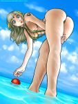  1girl absurdres ahoge ass blonde_hair blue_background blue_eyes breasts circlet closed_mouth day fire_emblem fire_emblem_fates fire_emblem_heroes highres holding_leg long_hair medium_breasts ophelia_(fire_emblem) red_ball ronindude slingshot_swimsuit swimsuit water 