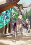 1girl absurdres azto_dio bangs boots breasts cape day dress elbow_gloves fire_emblem fire_emblem:_the_sacred_stones fire_emblem_heroes full_body gloves green_eyes green_hair highres l&#039;arachel_(fire_emblem) medium_breasts open_mouth short_dress smile staff thigh_boots thighhighs tower 
