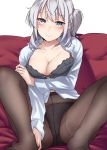  1girl absurdres black_bra black_legwear blue_eyes blush bra breasts cleavage closed_mouth collarbone collared_shirt eyebrows_visible_through_hair hair_between_eyes highres kantai_collection kiritto large_breasts long_hair long_sleeves one_side_up open_clothes open_shirt panties panties_under_pantyhose pantyhose shirt silver_hair solo suzutsuki_(kantai_collection) underwear white_shirt 