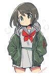  1girl artist_name bomber_jacket brown_hair hands_in_pockets jacket looking_at_viewer mago original school_uniform serafuku short_hair solo standing white_background yellow_eyes 