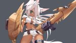  1girl absurdres animal_ears breasts cleavage commission ghost_(tama) green_eyes gunlance hair_over_one_eye highres holding holding_lance holding_polearm holding_shield holding_weapon lance long_hair looking_at_viewer looking_down medium_breasts midriff monster_hunter navel one_eye_covered original polearm ponytail shield solo tail thigh_strap weapon white_hair 