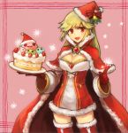  1girl adapted_costume bangs blonde_hair blush border bow breasts brooch cake cape christmas_cake cleavage commentary_request cowboy_shot detached_sleeves dress finger_gun food fur-trimmed_cape fur-trimmed_gloves fur-trimmed_legwear fur_trim gem gloves hat hat_bell hat_bow holding holding_plate jewelry long_hair long_sleeves looking_at_viewer marin_(ragnarok_online) medium_breasts mogukk open_mouth pink_background plate poporing poring ragnarok_online red_bow red_cape red_dress red_eyes red_gloves red_legwear santa_costume santa_dress santa_hat shiny shiny_hair simple_background snowflakes solo standing thighhighs two-tone_dress warlock_(ragnarok_online) white_dress white_sleeves zettai_ryouiki 