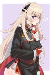  1girl absurdres blonde_hair blush breasts character_name eyebrows_visible_through_hair g3_(girls_frontline) girls_frontline gloves hair_ornament highres iron_cross long_hair looking_at_viewer medium_breasts partially_fingerless_gloves purple_eyes red_gloves rosehip_t72 scarf simple_background solo thighs uniform 