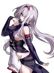  1girl azur_lane bangs bare_shoulders breasts colorado_(azur_lane) commentary detached_sleeves grey_hair hair_intakes hairband high_collar large_breasts long_hair long_sleeves looking_at_viewer pale_skin ramuya_(lamb) red_eyes sideboob sidelocks solo standing white_background 