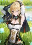  1girl adjusting_hair armpits arms_up bangs bare_shoulders black_capelet black_gloves blonde_hair blue_eyes blurry blurry_background breasts capelet cleavage detached_sleeves genshin_impact gloves grass hair_between_eyes hair_intakes jean_gunnhildr lake large_breasts long_hair long_sleeves looking_at_viewer ponytail shirt sidelocks smile solo sonchi tree upper_body vision_(genshin_impact) white_shirt 