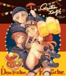  3girls alcohol beer bismarck_(kantai_collection) blonde_hair clothes_writing eating flag_background food fork french_fries german_flag german_text green_eyes hat highres hot_dog kantai_collection long_hair long_sleeves mika_pikazo military military_hat military_uniform multiple_girls plate pretzel red_hair short_hair silver_hair translated uniform yellow_eyes z1_leberecht_maass_(kantai_collection) z3_max_schultz_(kantai_collection) 