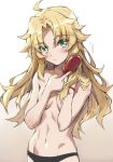 1girl ahoge bangs black_panties blonde_hair blush breasts brush convenient_arm covering covering_breasts cowboy_shot eyebrows_visible_through_hair fate/apocrypha fate_(series) fingernails gradient gradient_background green_eyes grey_background hair_brushing hair_down hands_up long_hair looking_at_viewer mordred_(fate) mordred_(fate)_(all) navel panties parted_bangs revision small_breasts solo standing tonee topless underwear underwear_only wristband 